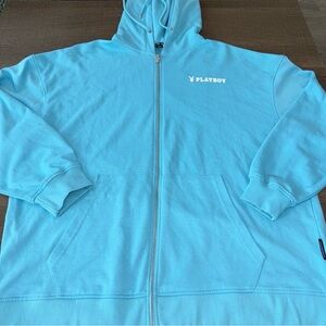 Missguided Playboy Hoodie Women’s Size 10 Light Blue Turquoise Zip Up Sweatshirt